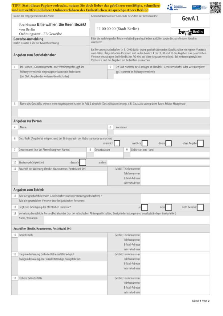 Gewerbeanmeldungsformular für Berlin Seite 1